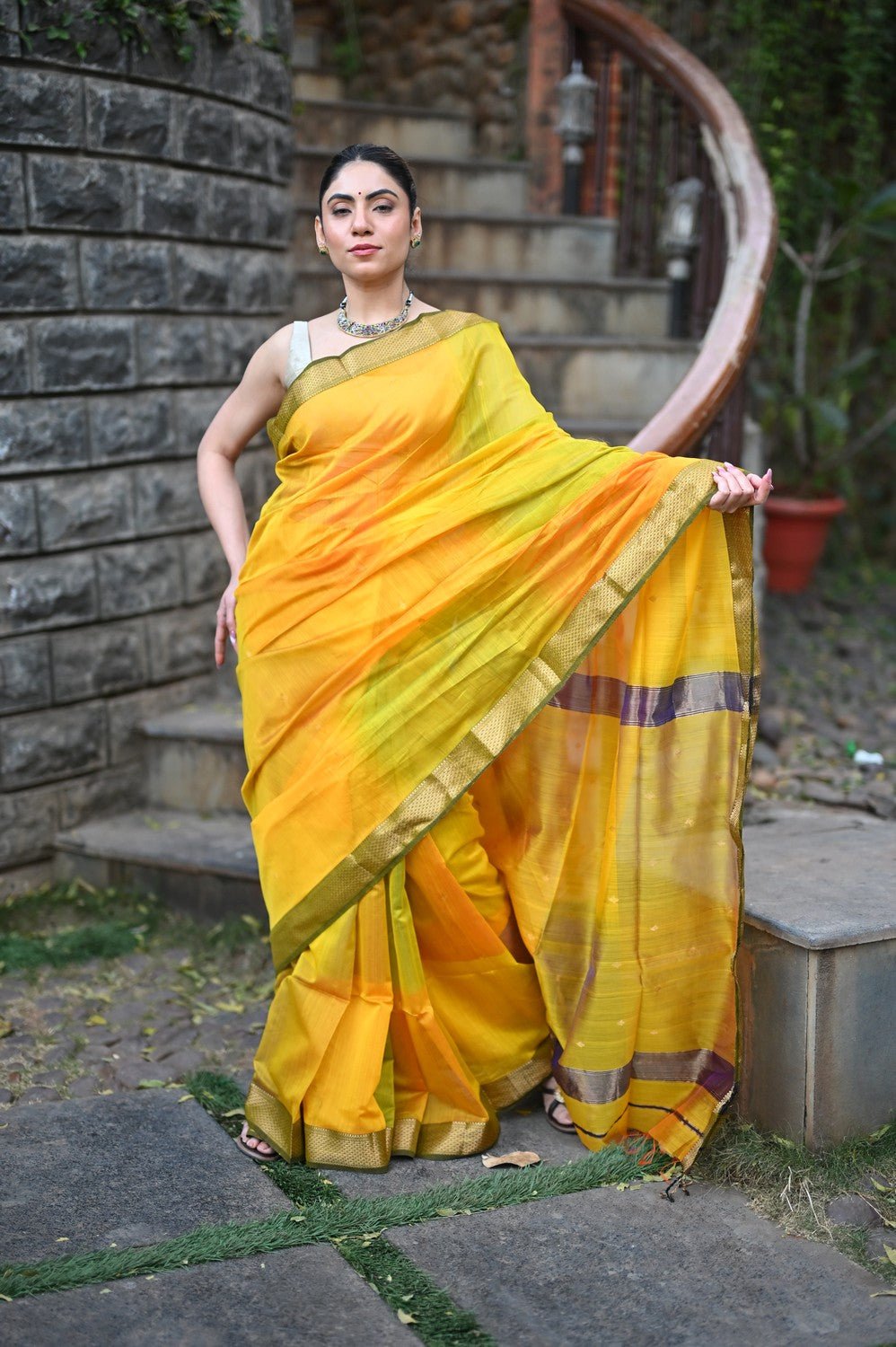 Tarang ~ Handloom Cotton Silk Sleek Designer Border in Limelight Yellow with Rainbow Shien - verymuchindian.com