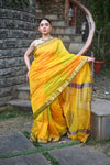 Tarang ~ Handloom Cotton Silk Sleek Designer Border in Limelight Yellow with Rainbow Shien - verymuchindian.com