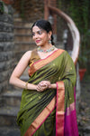 Tarang ~ Handloom Cotton Silk Sleek Designer Border in Mehndi Green & Pink - verymuchindian.com