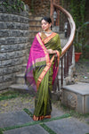 Tarang ~ Handloom Cotton Silk Sleek Designer Border in Mehndi Green & Pink - verymuchindian.com