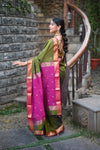 Tarang ~ Handloom Cotton Silk Sleek Designer Border in Mehndi Green & Pink - verymuchindian.com