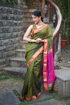 Tarang ~ Handloom Cotton Silk Sleek Designer Border in Mehndi Green & Pink - verymuchindian.com