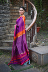 Tarang ~ Handloom Cotton Silk Sleek Designer Border in Purple & Orange Pink - verymuchindian.com