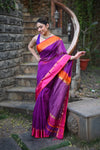 Tarang ~ Handloom Cotton Silk Sleek Designer Border in Purple & Orange Pink - verymuchindian.com