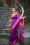 Tarang ~ Handloom Cotton Silk Sleek Designer Border in Purple & Orange Pink - verymuchindian.com