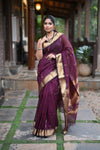 Tarang ~ Handloom Cotton Silk Sleek Designer Border in Rose Maroon with Brocade Pallu - verymuchindian.com