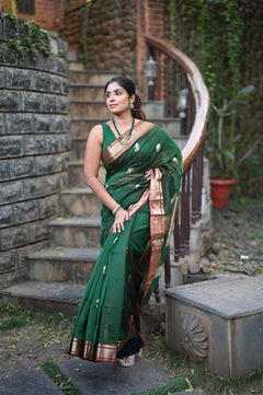 Tarang ~ Handloom Cotton Silk Sleek Designer Border in Royal Green with Exclusive Buttis - verymuchindian.com