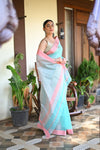 Tarang ~ Handloom Cotton Silk Sleek Designer Border in Sky Blue with Pink - verymuchindian.com