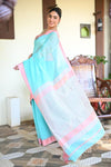 Tarang ~ Handloom Cotton Silk Sleek Designer Border in Sky Blue with Pink - verymuchindian.com