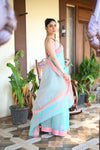 Tarang ~ Handloom Cotton Silk Sleek Designer Border in Sky Blue with Pink - verymuchindian.com
