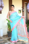 Tarang ~ Handloom Cotton Silk Sleek Designer Border in Sky Blue with Pink - verymuchindian.com