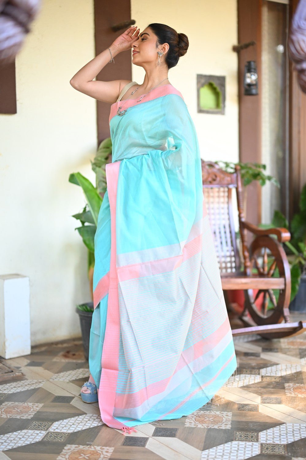 Tarang ~ Handloom Cotton Silk Sleek Designer Border in Sky Blue with Pink - verymuchindian.com