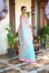 Tarang ~ Handloom Cotton Silk Sleek Designer Border in Sky Blue with Pink - verymuchindian.com