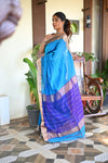 Tarang ~ Handloom Cotton Silk Sleek Designer Border in Sky Blue with Purple - verymuchindian.com