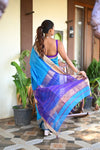 Tarang ~ Handloom Cotton Silk Sleek Designer Border in Sky Blue with Purple - verymuchindian.com