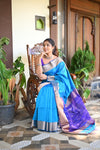 Tarang ~ Handloom Cotton Silk Sleek Designer Border in Sky Blue with Purple - verymuchindian.com