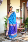 Tarang ~ Handloom Cotton Silk Sleek Designer Border in Sky Blue with Purple - verymuchindian.com