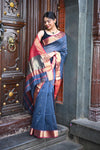 Tarang ~ Handloom Cotton Silk Sleek Designer Border in Starlight Blue & Red - verymuchindian.com
