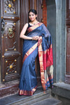 Tarang ~ Handloom Cotton Silk Sleek Designer Border in Starlight Blue & Red - verymuchindian.com