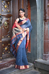 Tarang ~ Handloom Cotton Silk Sleek Designer Border in Starlight Blue & Red - verymuchindian.com