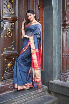 Tarang ~ Handloom Cotton Silk Sleek Designer Border in Starlight Blue & Red - verymuchindian.com