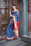 Tarang ~ Handloom Cotton Silk Sleek Designer Border in Starlight Blue & Red - verymuchindian.com