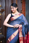 Tarang ~ Handloom Cotton Silk Sleek Designer Border in Starlight Blue & Red - verymuchindian.com