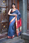 Tarang ~ Handloom Cotton Silk Sleek Designer Border in Starlight Blue & Red - verymuchindian.com