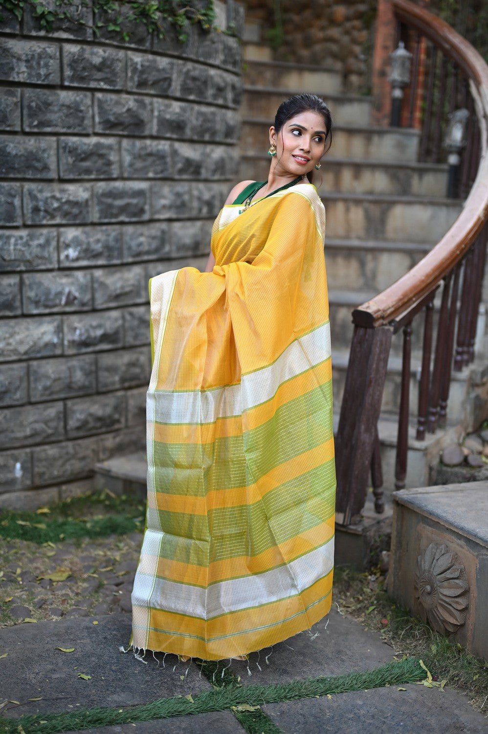 Tarang ~ Handloom Cotton Silk Sleek Designer Border in Sunset Yellow & Green - verymuchindian.com