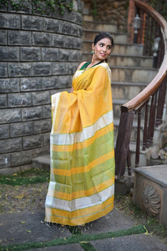 Tarang ~ Handloom Cotton Silk Sleek Designer Border in Sunset Yellow & Green - verymuchindian.com