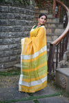 Tarang ~ Handloom Cotton Silk Sleek Designer Border in Sunset Yellow & Green - verymuchindian.com