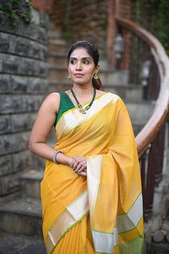 Tarang ~ Handloom Cotton Silk Sleek Designer Border in Sunset Yellow & Green - verymuchindian.com