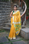 Tarang ~ Handloom Cotton Silk Sleek Designer Border in Sunset Yellow & Green - verymuchindian.com