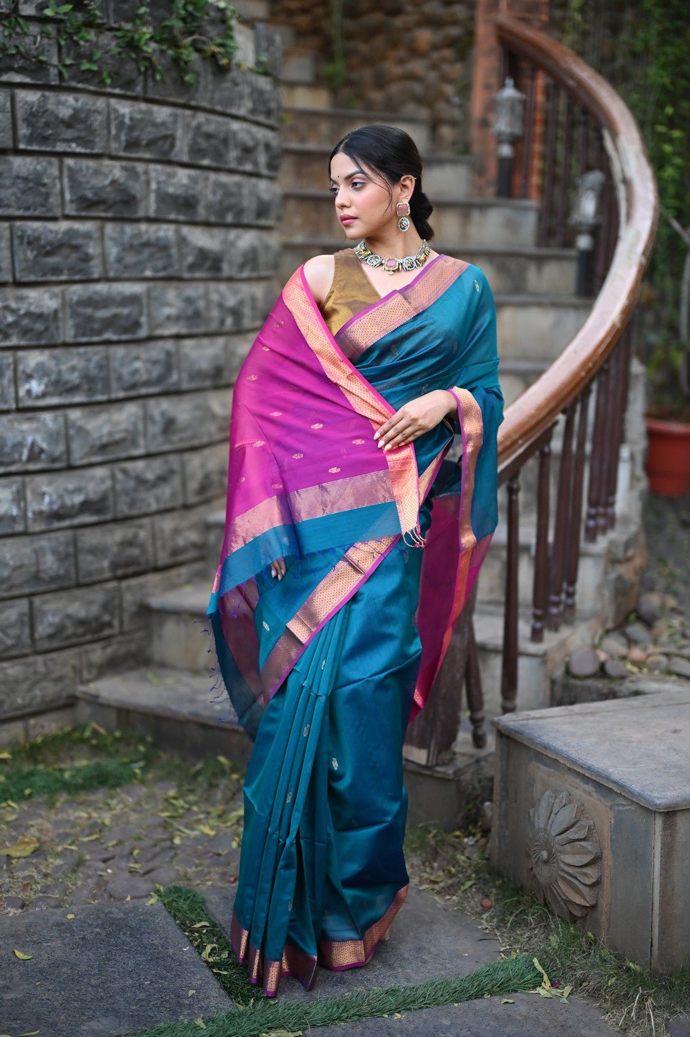 Tarang ~ Handloom Cotton Silk Sleek Designer Border in Teal Blue & Pink - verymuchindian.com