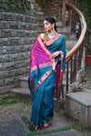 Tarang ~ Handloom Cotton Silk Sleek Designer Border in Teal Blue & Pink - verymuchindian.com