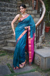 Tarang ~ Handloom Cotton Silk Sleek Designer Border in Teal Blue & Pink - verymuchindian.com