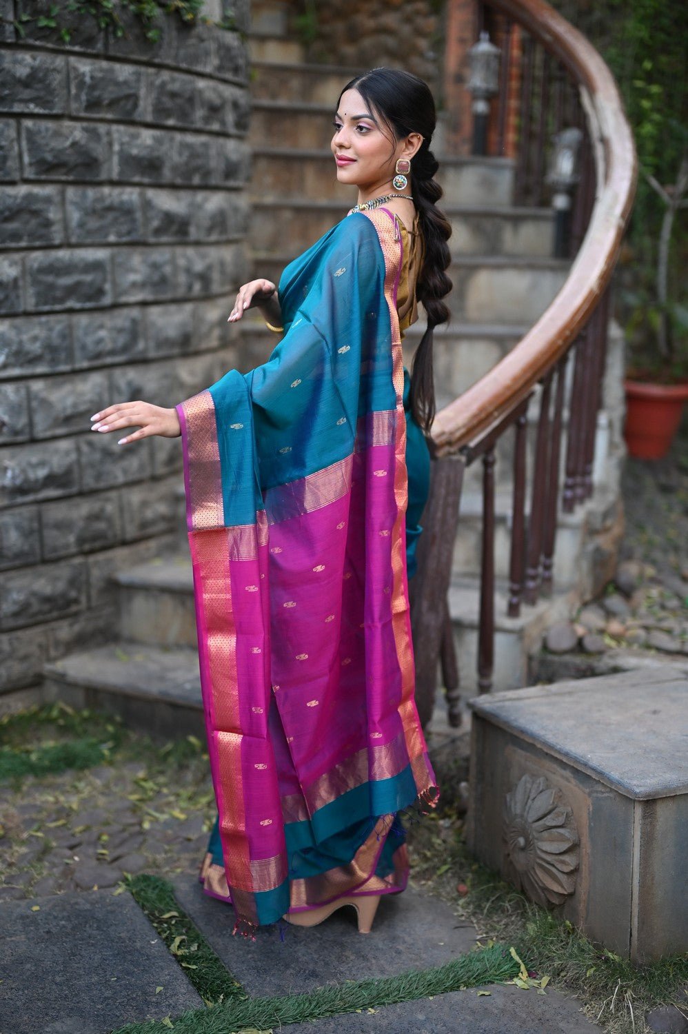 Tarang ~ Handloom Cotton Silk Sleek Designer Border in Teal Blue & Pink - verymuchindian.com
