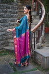 Tarang ~ Handloom Cotton Silk Sleek Designer Border in Teal Blue & Pink - verymuchindian.com
