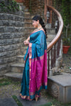 Tarang ~ Handloom Cotton Silk Sleek Designer Border in Teal Blue & Pink - verymuchindian.com