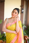 Tarang ~ Handloom Cotton Silk Sleek Designer Border in Yellow & Pink - verymuchindian.com