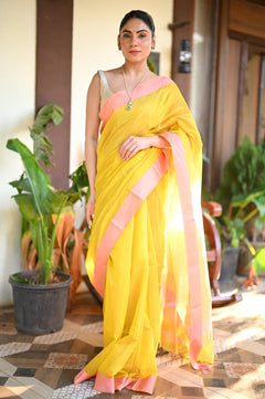 Tarang ~ Handloom Cotton Silk Sleek Designer Border in Yellow & Pink - verymuchindian.com