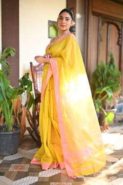 Tarang ~ Handloom Cotton Silk Sleek Designer Border in Yellow & Pink - verymuchindian.com