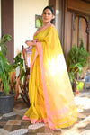 Tarang ~ Handloom Cotton Silk Sleek Designer Border in Yellow & Pink - verymuchindian.com