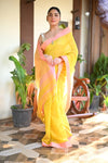 Tarang ~ Handloom Cotton Silk Sleek Designer Border in Yellow & Pink - verymuchindian.com