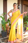 Tarang ~ Handloom Cotton Silk Sleek Designer Border in Yellow & Pink - verymuchindian.com