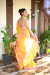 Tarang ~ Handloom Cotton Silk Sleek Designer Border in Yellow & Pink - verymuchindian.com