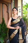 Tarang ~ Handloom Cotton Silk with Sleek Designer Border in Black Gold - verymuchindian.com
