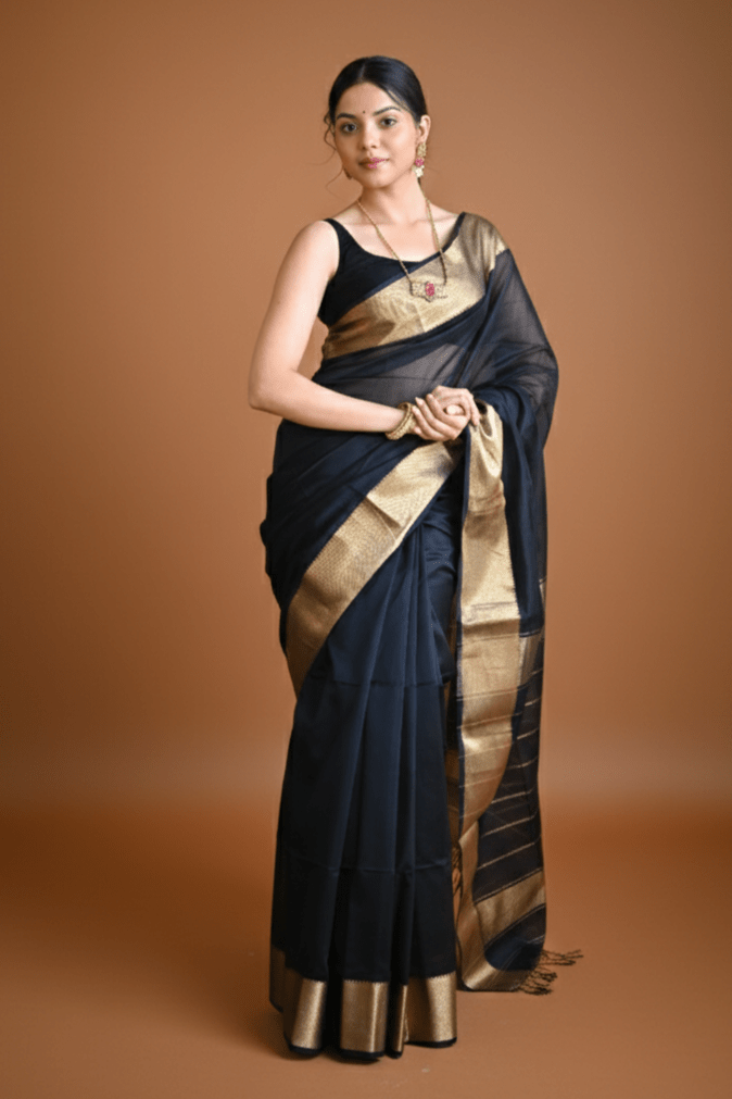 Tarang ~ Handloom Cotton Silk with Sleek Designer Border in Black Gold - verymuchindian.com