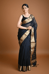 Tarang ~ Handloom Cotton Silk with Sleek Designer Border in Black Gold - verymuchindian.com