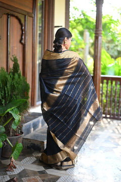 Tarang ~ Handloom Cotton Silk with Sleek Designer Border in Black Gold - verymuchindian.com